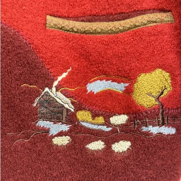 Wool Jacket Coat‎ Womens Red Brown Embroidered Sheep Countryside Scene Unique - Picture 3 of 8